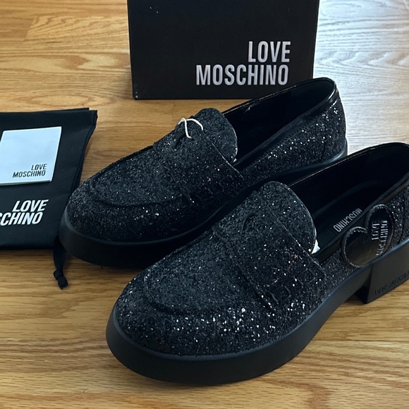 Love Moschino NIB Glitter Nero Taglia Chunky Loafers (38) - Picture 5 of 14